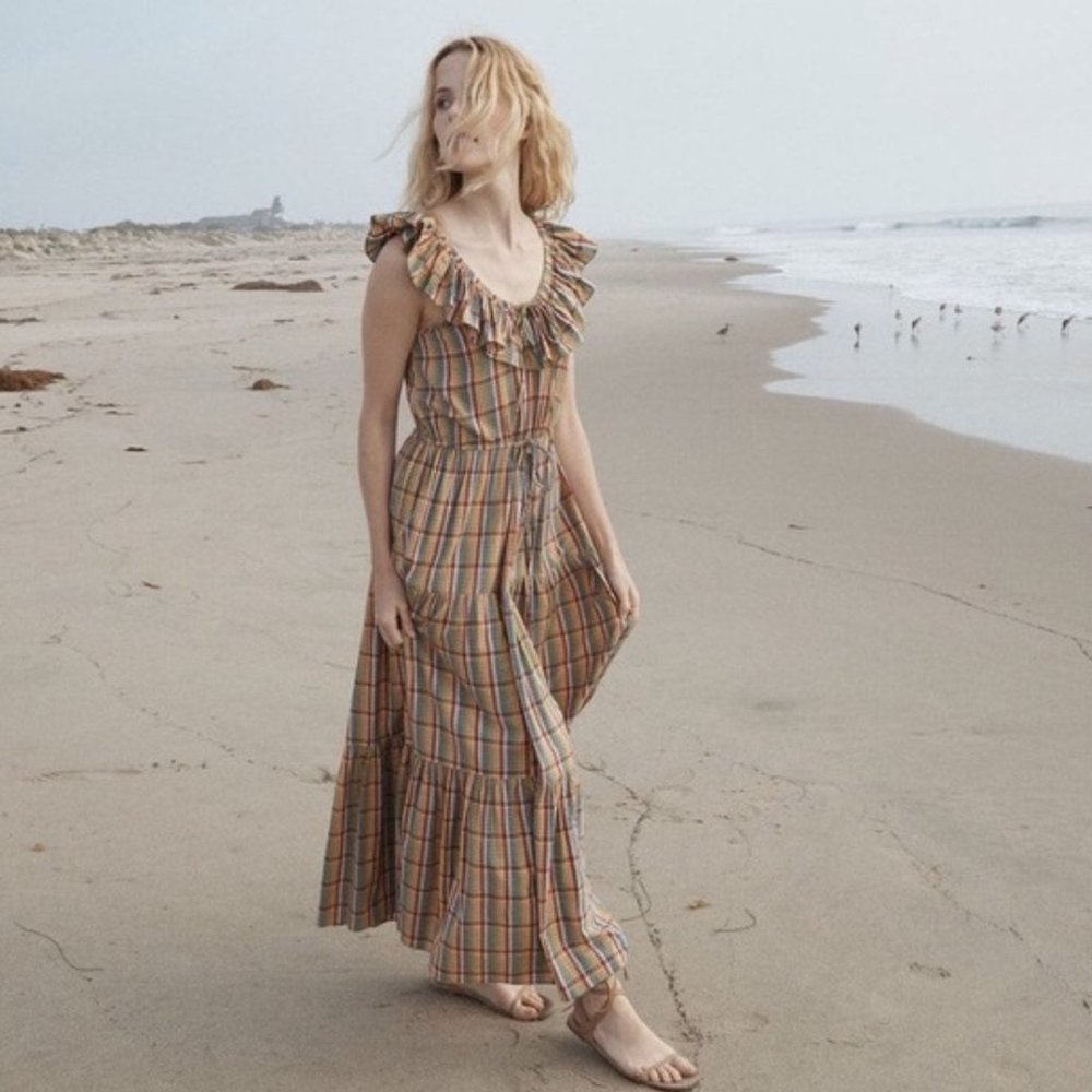 DÔEN Yarrow Rainbow Plaid Print Maxi Dress, Large